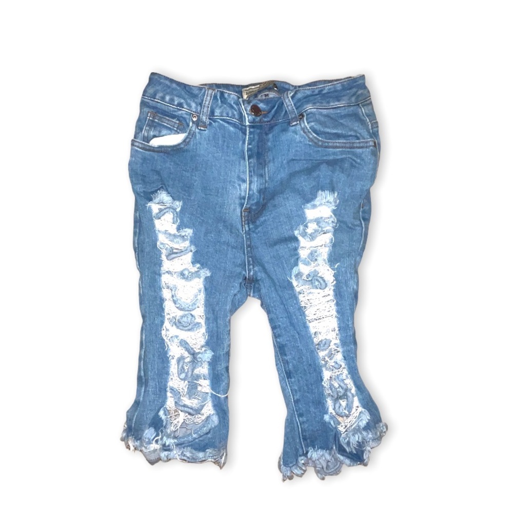 American Bazi Women's Blue Destroyed Denim Distressed Capri Knee Long Shorts - Picture 7 of 11